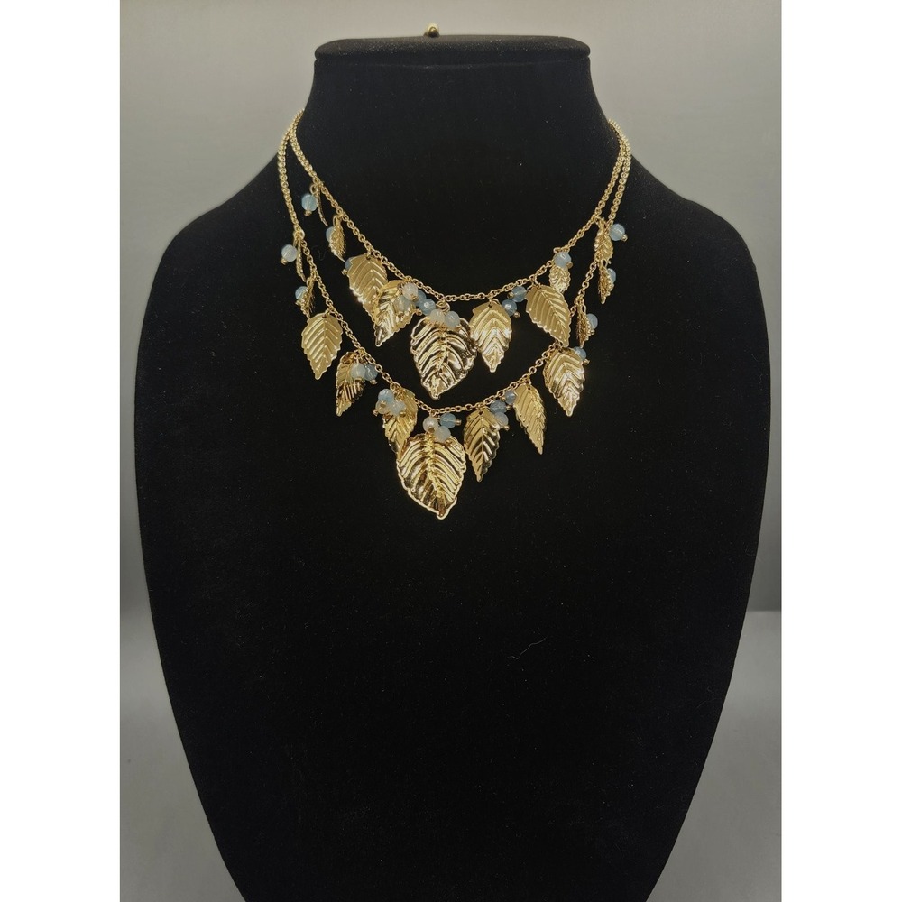 AVON Layered Leaf Charm Dangle Necklace Gold Tone Blue Beads Adjustable
